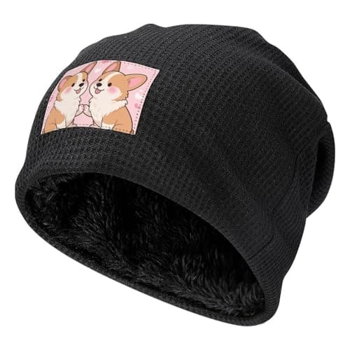Image of Winter Beanie for Men Women - Fleece Lined Thermal Knit Hat Cute Corgis Love Skull Cap Outdoor Warm Winter Hat, Black-style, One Size