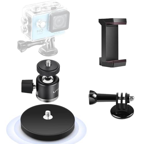 Image of UTEBIT Magnetic Camera Mount 1/4 Screw Vertical Suction with Action Camera Adapter & Phone Holder 360° Swivel Mini Tripod Ball Head Max Load 3kg Compatible with GoPro Webcam Phone Vlogging