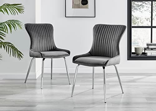 Image of Furniturebox UK 2x Nora Dark Grey Velvet Dining Chairs – Modern Wingback Design – Silver Chrome Metal Legs – Vertical Stitching – Soft Padded Upholstered Dining Room or Kitchen Chairs