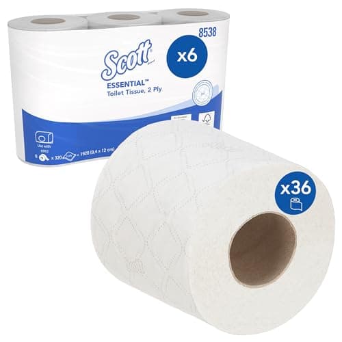 Image of Scott Essential Toilet Paper 8538 – 2-Ply White Standard Rolls, Soft & Strong, FSC Certified – 6 Packs x 6 Rolls, 320 Sheets Each (36 Rolls / 11,520 Sheets Total)