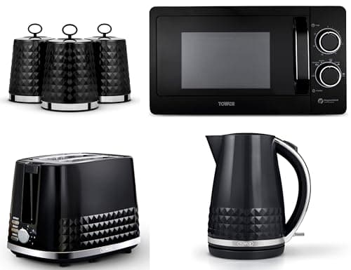 Image of Tower Solitaire Black 1.5L 3KW Jug Kettle, 2 Slice Toaster, T24042BLK 800W 20L Manual Microwave & Canisters. Modern Matching Kitchen Set of 6 in Black