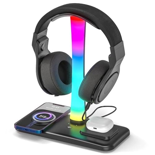 Image of Padwa Lifestyle Cybercafé Essential Headset Stand with Wireless Charging - 3-in-1 Gaming Charging Station for Game Rooms/Booths, 15W Qi + USB-C Ports, A Game-Changer for Home Gaming Setups Too