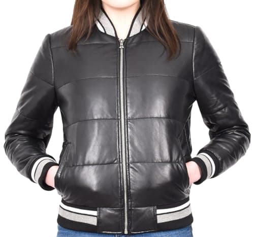 Image of Divergent Retail Womens Premium Nappa Leather Bomber Puffer Chic Style Jacket Ribbed Hem Black Josefina (UK, Numeric, 16, Regular, Regular, Black)