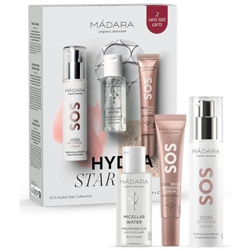 Image of MÁDARA SOS HYDRA Star Collection Set - 3-Piece Skin Care Gift Set with Micellar Water 50ml, Hydra Repair Serum 20ml & Recharge Cream 50ml - Moisture & Care