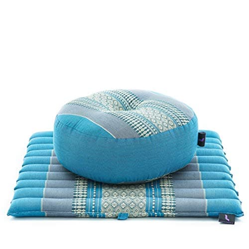 Image of Leewadee Meditation Cushion Set – 1 Small Zafu Yoga Pillow and 1 Small Roll-Up Zabuton Mat Filled with Kapok, Light Blue