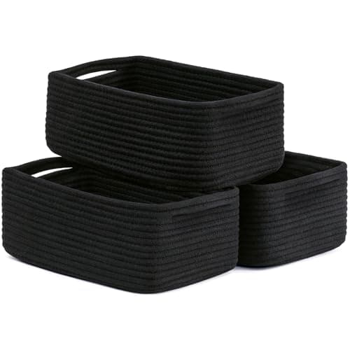 Image of TIMEYARD Storage Baskets for Organizing, Small Rope Shelf Basket for Gifts Empty Toy Baskets Storage Kids Storage Bins Woven Basket 3 Pack, Black, 33 x 20 x 13 cm