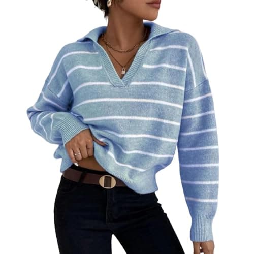 Image of Sweaters for Women Long Sleeve V Neck Striped Knit Lapel Collar Knit Jumper Tops Loose Fit Drop Shoulder Knit Shirts (Sky Blue,M)