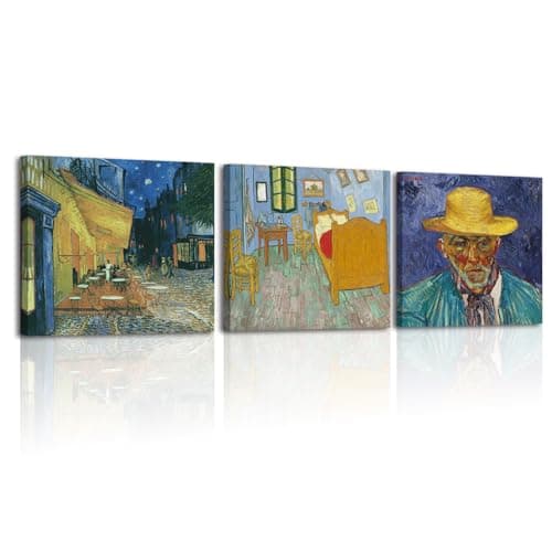 Image of Piy Painting 3 Pieces Abstract Van Gogh Wall Pictures Living Room Decor, Framed Canvas Wall Art, Reproduction of Famous Painting, Canvas Prints Paintings for Bedroom Kitchen Corridor 12x12 inch