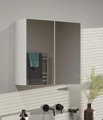 Image of PHD FURNITURE White Bathroom Wall Cabinet with Mirror 60x60 cm – Wall Mounted Storage Unit with Shelves & 2 Mirrored Doors, Over Sink Bathroom Cupboard, 22cm Depth