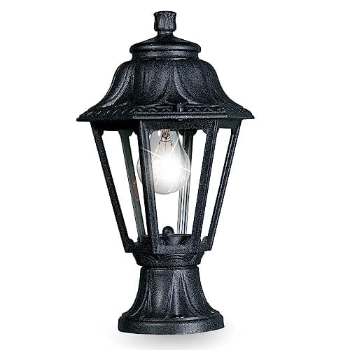 Image of Black Outdoor Traditional Vintage Coach Lantern Pedestal Post Light | IP55 Rated | 39cm Height | 1 x ES E27 Lamp Required | Garden - Patio - Driveway | UK Approved | Polycarbonate Resin Coastal