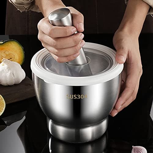 Image of HomDSim Mortar and Pestle Set 5 Inch Large Capacity Stainless Steel Heavy Polished, Enhanced Performance Spice Grinder with Lid