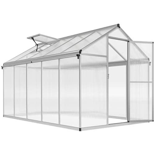 Image of Outsunny 6 x 10ft Polycarbonate Greenhouse with Rain Gutters, Large Walk-In Green House with Door and Window, Garden Plants Grow House with Aluminium Frame and Foundation