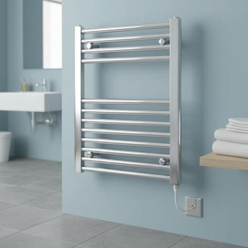 Image of Greened House Chrome Straight Electric Heated Towel Rail 600mm wide x 600mm high Flat Bathroom Towel Radiator