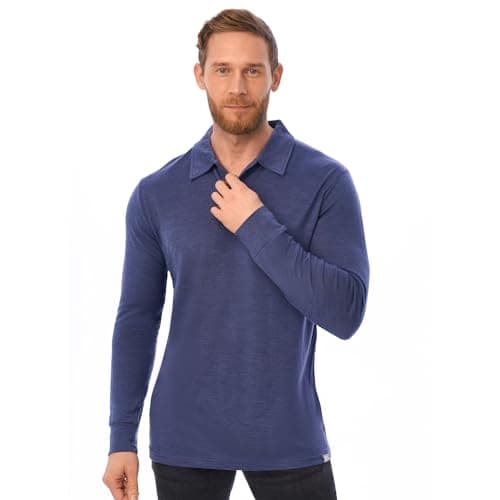 Image of Merino tech. 100% Merino Wool Polo Shirt Men, Merino T Shirt Men, Casual Mens Base Layer Tops (Large, Long Sleeve Grey Blue)