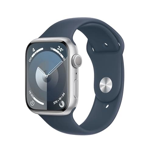 Image of Apple Watch Series 9 [GPS 45mm] Smartwatch with Silver Aluminum Case with Storm Blue Sport Band S/M. Fitness Tracker, Blood Oxygen & ECG Apps, Always-On Retina Display, Water Resistant