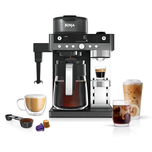 Image of Ninja Prestige 2-in-1 Filter Coffee and Pod Capsule Machine with Built-in Milk Frother, Make Lattes, Iced Coffee and Flat Whites, Gunmetal CFN802UKGM