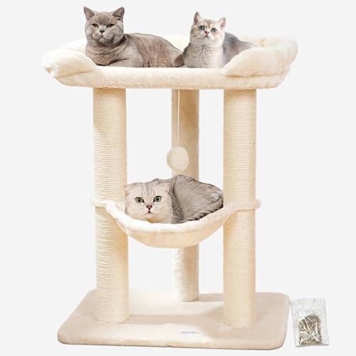 Image of Happi N Pets 71CM Cat Tree Tower for Indoor Cats, Tall Cat Scratching Post with Large Bed for Big Cats, Sisal Scratcher with Soft Perch & Hammock, Stable Cat Stand, Removable Cover-Beige
