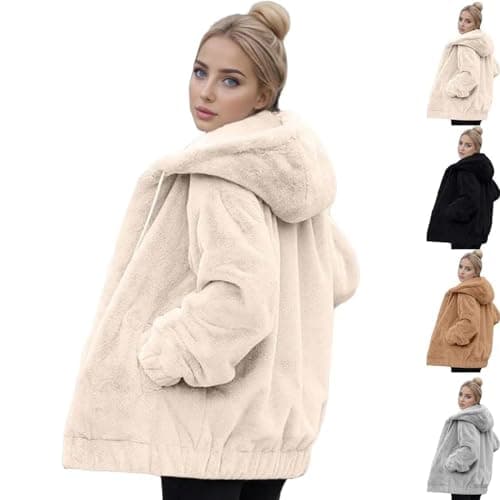 Image of Womens Fleece Jacket Full Zip Up Fuzzy Teddy Coat Winter Hooded Jackets Khaki Beige White Brown Lapel Cardigan Hoodies Casual Warm Outwear with Hidden Hood And Pockets Ladies Size 10 12 14 16 18 20 22
