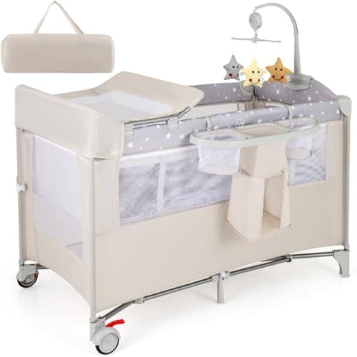 Image of Maxmass 5 in 1 Baby Travel Cot, Foldable Infant Crib with Lockable Wheels, Bassinet, Mattress, Storage Rack, Music Box, Hanging Toys and Carry Bag, Newborn Activity Center for 0-36 Months (Beige)