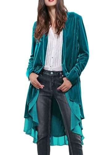 Image of R.Vivimos Autumn Winter Women Velvet Ruffle Coat Casual Vintage Long Jacket Collarless Classic Swallowtail Hem Blazer(Medium,SeaBlue)