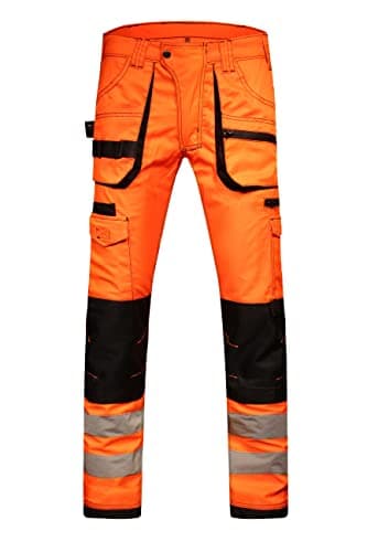 Image of HASHOOB TRADING FZE Men’s Hi Vis Work Trousers high Visibility Cargo Workwear Soft Heavy Duty Multi Pocket Reflective Tape Pants (HV2-ORANGE1, 36W X 32L)