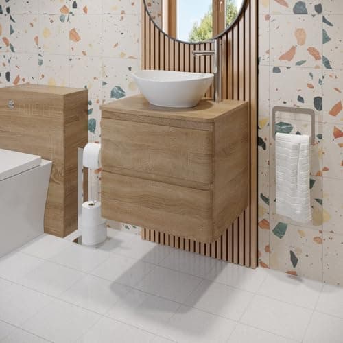Image of Affine® Forma 600mm Bathroom Cloakroom Vanity Unit Countertop White Oval Basin Sink Wall Hung Storage Furniture Soft Close Drawers, Oak Wood Effect