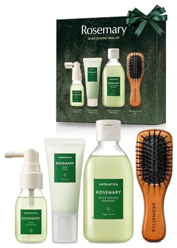 Image of AROMATICA Rosemary Scalp Scaling Trial Kit - Hair Travel Kit | Travel Size Shampoo and Dry Scalp Treatment Set with Mini Wooden Brush