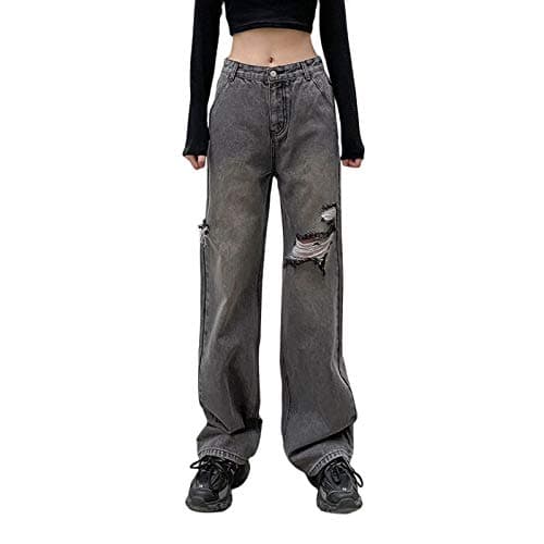 Image of Madger Ripped Boyfriend Jeans for Women Y2K Jeans Casual Baggy Trouser High Waisted Wide Leg Straight Jean Distressed Denim Pants (Black, M)