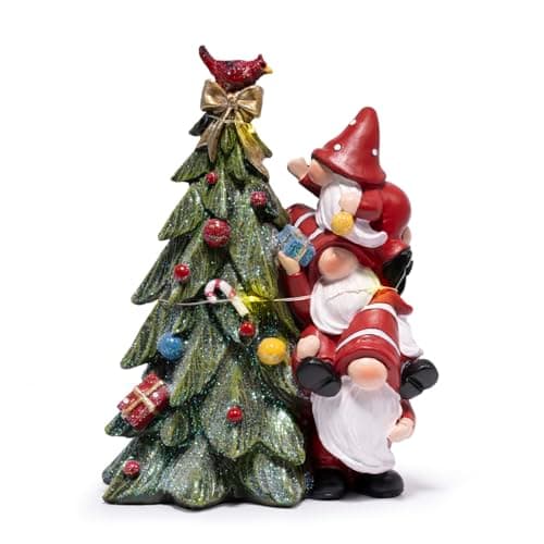 Image of Hodao Christmas Snowman & Tree Figurine with Cardinal, Hand-Painted Holiday Tabletop Mantel Decor, Christmas Decoration for Home (Red)