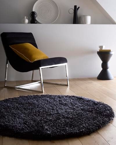 Image of Lord of Rugs Shaggy Rug for Bedroom Living Room Fluffy Quality Hand Tufted Silky Soft Thick Pile Plain Non-Shedding Round Rug Black, Circle 133x133 cm (4'5"x4'5")
