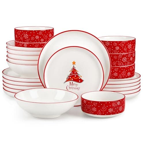 Image of MALACASA 24-Piece Christmas Tree Plates and Bowls Set for 6, Ceramic Dinner Sets with Dinner Plates/Dessert Plates/Soup Bowls/Cereal Bowls, Holiday Crockery Set Dining Set Tableware for Entertaining