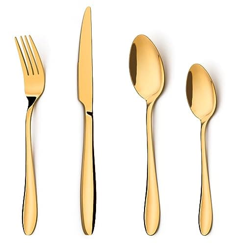Image of HaWare Gold Cutlery Set, 24 Piece Stainless Steel Flatware Silverware Include Knives Forks Spoons, Service for 6, Mirror Finish, Dishwasher Safe