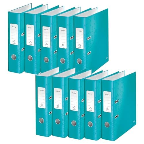 Image of Leitz Lever Arch File, Pack of 10, Ice Blue, A4, 80mm Spine, WOW Range, 10050051, Design may vary