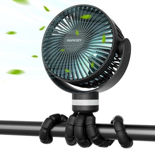Image of momcozy Portable Pram Fan, 8000mAh, 27H Ultra-long Battery Life, Stroller Fan Detachable 4 Speed 360° Rotate, LED Night Light, USB Rechargeable Handheld Cooling Fan,Travel,Crib,Car Seat (Black)