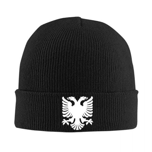 Image of Men's Beanie Hat - Winter Albanian Eagle Knitted Beanie Hat Warm Soft Knit Adult Bonnet Hats,Chemo Headwear Cuffed Hat Acrylic Watch Hat Slouch Beanie for Men Black One Size