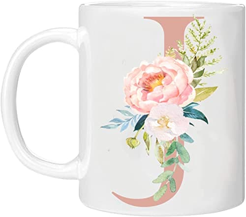 Image of MOBILE STUFF Personalised Floral Mug Letter J - Any Alphabet 11oz Ceramic Coffee/Tea Cup Gift for Christmas, Birthday, Secret Santa, Mother’s Day Printed Glitter, NOT Real Glitter (Rose J)