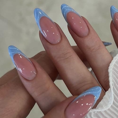 Image of Blue Press On Nails - False Nails 3d Design - Blue French Tips With Vivid Ocean Wave - 30pcs Long Almond Fake Nail In 15 Sizes For Woman & Girls Summer Nail Art
