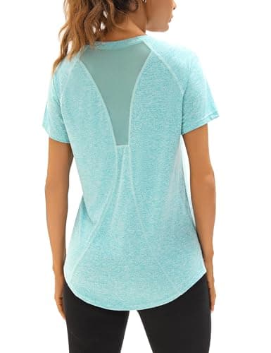 Image of Wayleb Gym Tops Women Sports Yoga Running Top V Neck Quick Dry Fitness T-Shirt Ladies Short Sleeve Exercise Tee Shirts Lake Blue