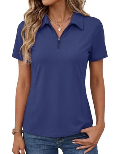 Image of Rapbin Women Gym Tops Ladies Polo Shirts Short Sleeve Workout Running T-Shirt Quarter Zip Activewear for Golf Tennis Moisture Wicking Sports Tshirt Navyblue M