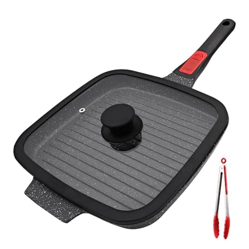 Image of RANX INGST Griddle Pan with Lid, 26 x 24 cm Cast Aluminium Non Stick Steak Pan with Detachable Handle for Induction Hob, Black