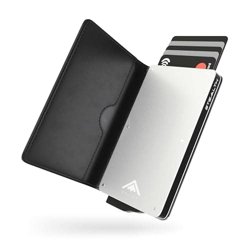 Image of Stealth Wallet RFID Card Holder Wallet - Smart Minimalist Pop Up Wallets with Gift Box - Slim Lightweight Metal Credit Card Holders for Men & Contactless Protector (Silver Aluminium, Black Leather)