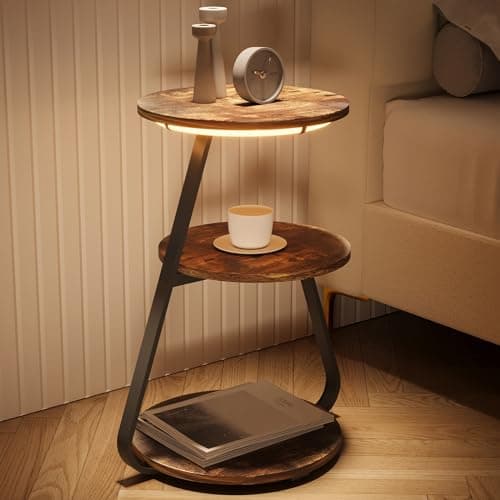 Image of ARTETHYS Side Table, Small Round Coffee Table with 3 Color LED Lights, End Table with 3 Tier Storage Shelves, Bedside Sofa Side Tables for Living Room Bedroom, Rustic Brown