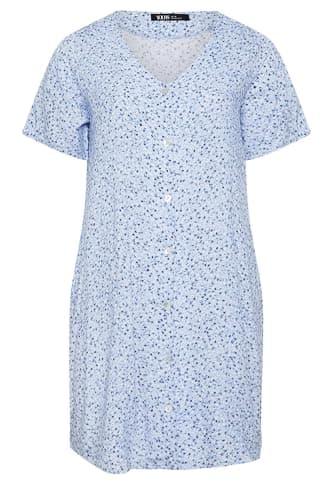 Image of Yours Curve Blue Ditsy Floral Button Through Tunic Dress - Women's - Plus Size Curve