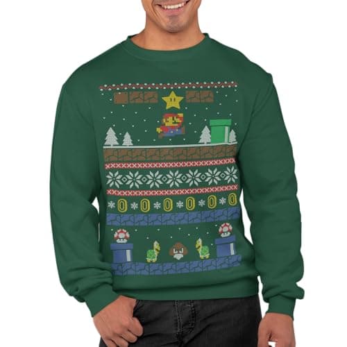 Image of Graphic Impact Inspired Retro Gaming Freak Christmas Jumper Ugly Xmas Sweatshirts (Large, Bottle Green)