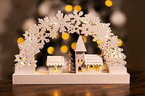 Image of HomeZone Pre-Lit Wooden Church & Village Scene – 32cm Light-Up Christmas Decoration with 8 Warm White LEDs & Timer - Battery-Operated Wooden Village Ornament for Table, Mantelpiece & Festive Décor