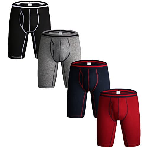 Image of Nuofengkudu Mens Long Leg Boxers Shorts Anti Chafing Stretch Cotton Underpants Longer Legged Trunks Briefs with Fly Pouch Waistband Breathable Sports Underwear 4 Pack Black Blue Grey Red L