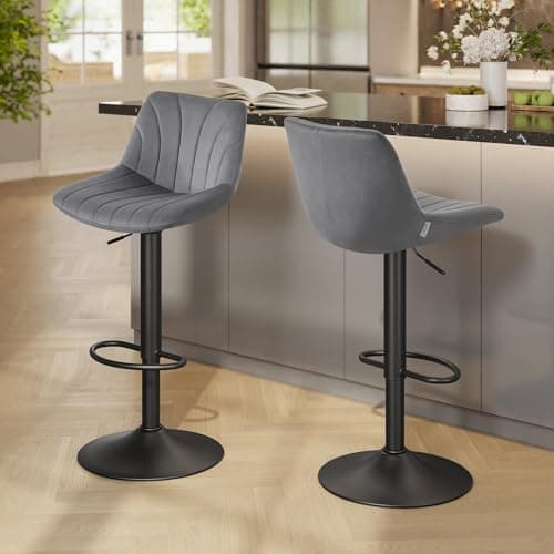 Image of VASAGLE Bar Stools Set of 2, Adjustable Bar Chairs with Backs, 360° Swivel, Metal Footrest, Barstools, for Kitchen Dining Reception, Velvet, Slate Grey LJB161GN02