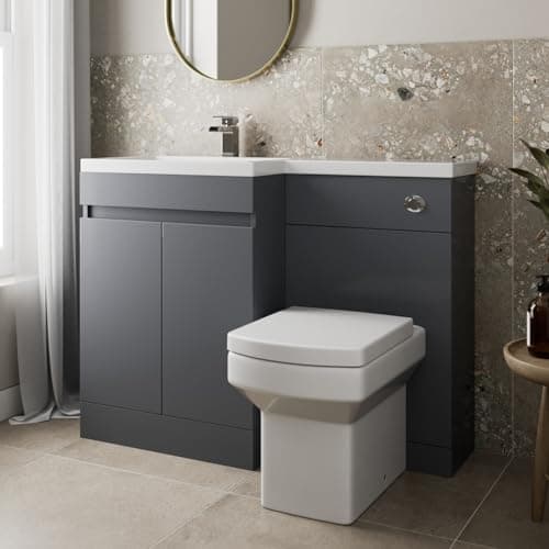 Image of Artis® Centro 1100mm Combination Vanity Unit Furniture Set, Wash Basin Bathroom Sink, BTW Toilet WC Pan & Soft Close Seat, L Shaped Storage Cabinet, Left Hand, Grey Gloss