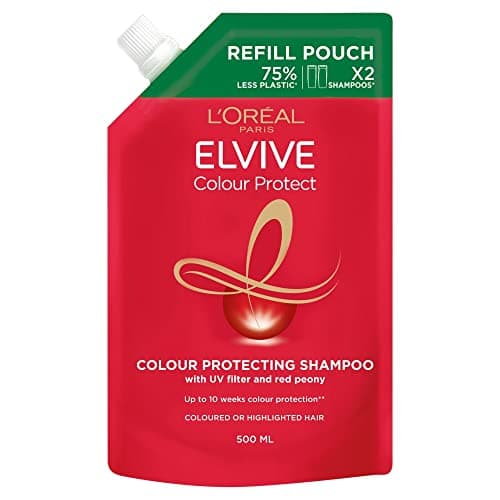 Image of L'Oréal Paris Shampoo For Coloured Hair, Elvive Colour Protect Refill Pouch With Red Peony And UV Filters, Prolongs Colour Vibrancy And Radiance For 10 Weeks, Sustainable Value Format, 500ml Bottle