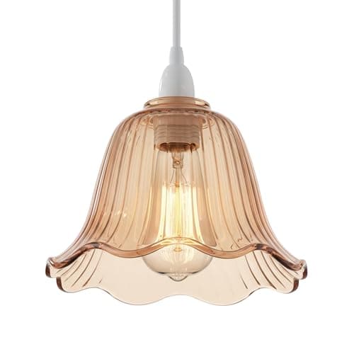 Image of Amber Glass Lamp Shade 11.5cm Vintage Ribbed Ceiling Light Shade E14 Fit Pendant Lampshade Retro Scalloped Replacement for Bedroom Living Room Kitchen